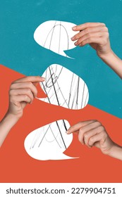 Creative 3d photo artwork graphics collage painting of arms holding speaking bubbles empty space isolated drawing background