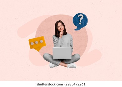 Creative 3d photo artwork graphics collage painting of dreamy lady thinking typing email modern gadget isolated drawing background