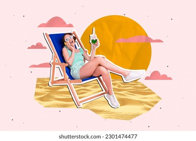 Creative 3d photo artwork graphics collage painting happy lady talking gadget suntanning isolated drawing background