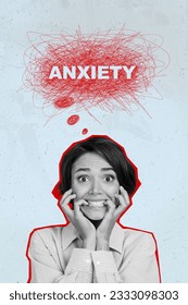 Creative 3d photo artwork graphics collage painting of stressed scared lady biting fingers feeling anxiety isolated drawing background