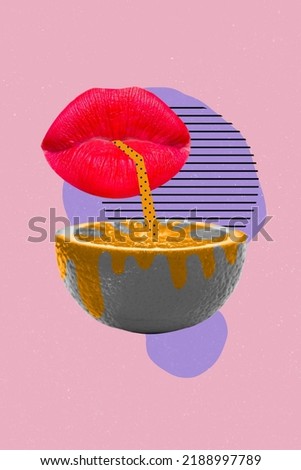 Creative 3d photo artwork graphics painting of beautiful lips drinking tasty orange juice isolated drawing background