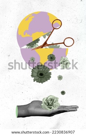 Creative 3d photo artwork graphics collage of big scissors cut planet earth globe black white flowers fall harm destroy environment ecology