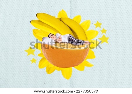 Creative 3d photo artwork graphics collage painting of dreamy smiling lady sleeping huge big fruits isolated drawing background