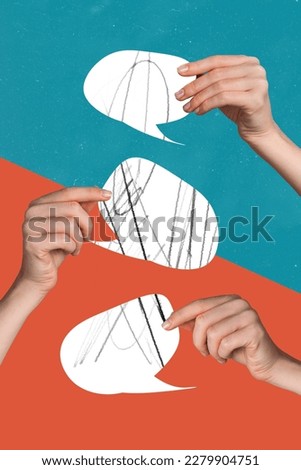 Creative 3d photo artwork graphics collage painting of arms holding speaking bubbles empty space isolated drawing background