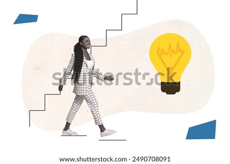 Creative 3d photo artwork graphics collage painting of happy smiling lady having idea walking stairs isolated drawing background