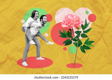 Creative 3d photo collage artwork graphics painting funky couple having fun enjoying 14 february present isolated drawing background