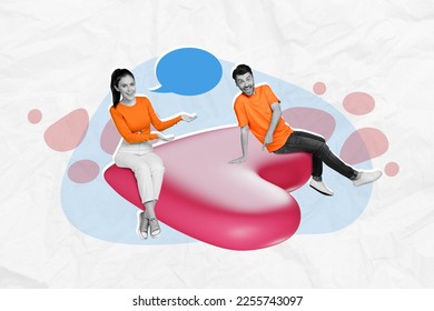 Creative 3d photo collage artwork graphics painting of charming pretty couple sitting 14 february heart isolated drawing background - Shutterstock ID 2255743097