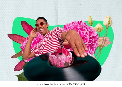 Creative 3d photo collage artwork graphics painting of carefree guy playing vintage flower player isolated drawing background - Powered by Shutterstock