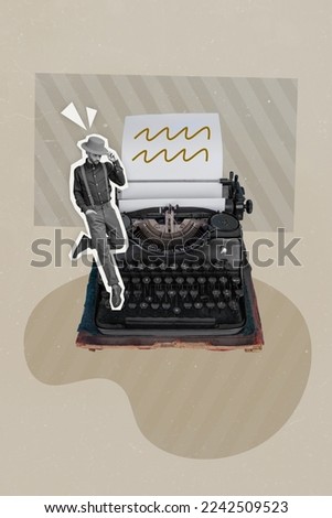 Creative 3d photo collage artwork graphics painting of guy typing new book old typewriter isolated drawing background
