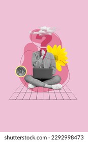 Creative 3d pinup pop artwork collage sketch of minded faceless person sitting using netbook decide question choose answer