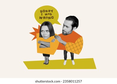 Creative 3d poster comics painted clothes absurd people collage conflict partners sorry i was wrong divorce isolated on white background
