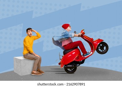 Creative 3d Poster Of Professional Biker Old Man Doing Tricks Guy Look Him Impressed Isolated Blue Color Background