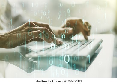 Creative abstract binary code hologram and hands typing on computer keyboard on background, AI and machine learning concept. Multiexposure