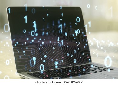 Creative abstract binary code hologram on modern computer background, AI and machine learning concept. Multiexposure