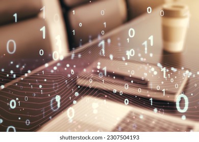 Creative abstract binary code hologram on modern computer background, AI and machine learning concept. Multiexposure