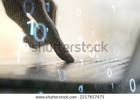 Creative abstract binary code sketch and hands typing on computer keyboard on background, hacking and matrix concept. Multiexposure