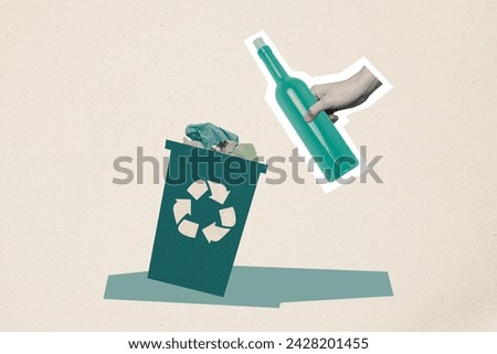 Creative abstract collage hand sorting garbage puts glass bottle in trash can save Earth pollution environmet destruction ecosystem support