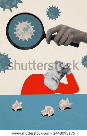 Creative abstract collage of old man struggle high temperature magnifier search contagious epidemic bacteria fantasy billboard comics zine