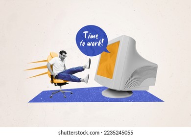 Creative abstract collage template graphics image of funky funny worker riding inside old screen isolated drawing background