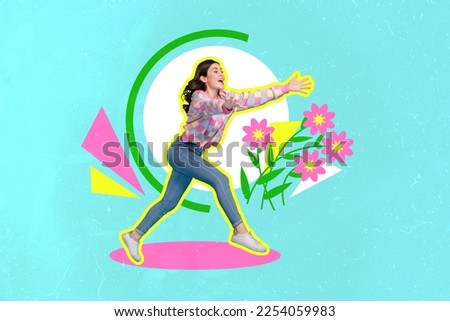 Creative abstract collage template graphics image of funky excited lady expecting getting flower bouquet isolated drawing background