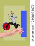 Creative abstract collage of young guy jump raise fists up on yellow background hand