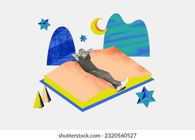 Creative abstract composite illustration collage photo of elderly peaceful man lay on large book dreaming isolated drawing background