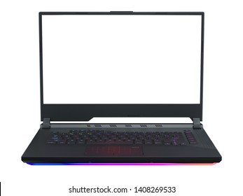 Creative Abstract Computer Gaming And PC Entertainment Technology Concept: Modern Black Gamer Laptop Or Notebook With White Screen Isolated On White Background