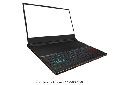 Creative Abstract Computer Gaming And PC Entertainment Technology Concept: Modern Black Gamer Laptop Or Notebook With White Screen Isolated On White Background