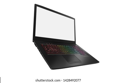 Creative Abstract Computer Gaming And PC Entertainment Technology Concept: Modern Black Gamer Laptop Or Notebook With White Screen Isolated On White Background