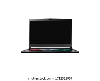 Creative Abstract Computer Gaming And PC Entertainment Technology Concept: Modern Black Gamer Laptop Or Notebook With White Screen Isolated On White Background