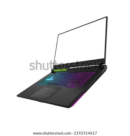 Creative abstract computer gaming and PC entertainment technology concept: modern black gamer laptop or notebook with white screen isolated on white background
