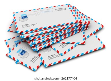 Creative abstract e-mail and communication correspondence business office paperwork concept: stack of paper air mail letter envelopes isolated on white background