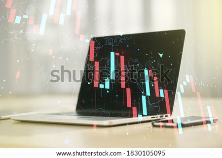 Creative abstract global crisis chart with world map sketch on modern laptop background, falling markets and collapse of global economy concept. Double exposure
