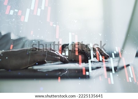 Creative abstract global crisis chart with world map sketch and with hands typing on computer keyboard on background, falling markets and collapse of global economy concept. Double exposure