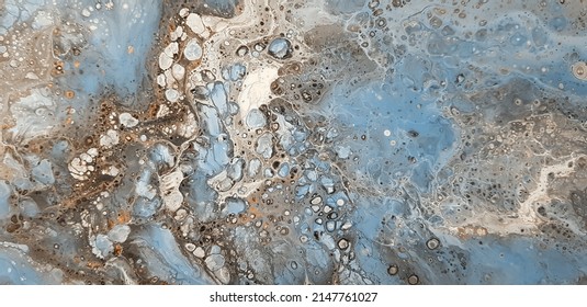 Creative abstract hand painted background, wallpaper, texture, closeup. Fragment of liquid acrylic painting in gray, beige and blue on canvas. Modern Art.
