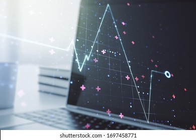 Creative Abstract Heart Rate Sketch On Modern Laptop Background, Medicine And Healthcare Concept. Multiexposure