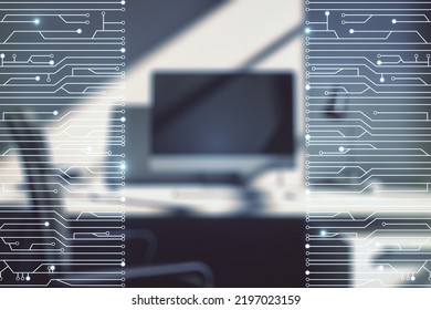 Creative Abstract Micro Chip Hologram And Modern Desktop With Pc On Background, Artificial Intelligence And Machine Learning Concept. Multi Exposure