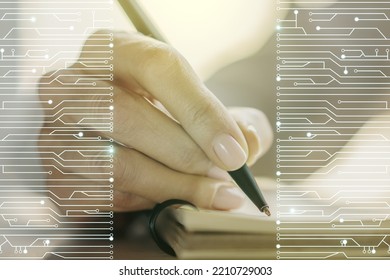 Creative Abstract Micro Chip Hologram And Woman Hand Writing In Diary On Background, Artificial Intelligence And Machine Learning Concept. Multi Exposure