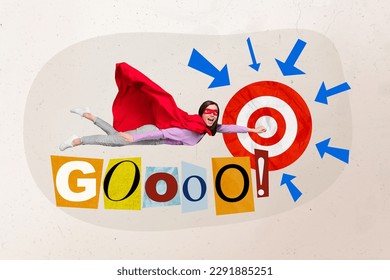 Creative abstract photo concept collage of funky super girl wear red cloak mask flying striving for goal isolated colorful background