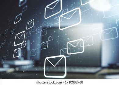 Creative Abstract Postal Envelopes Hologram On Modern Computer Background, Email And Notification Concept. Multiexposure