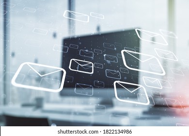 Creative abstract postal envelopes hologram on modern computer background, email and notification concept. Multiexposure