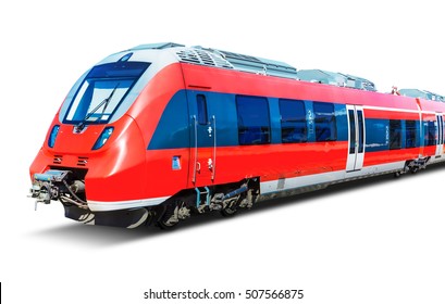 Creative Abstract Railroad Travel And Railway Tourism Transportation Industrial Concept: Red Modern High Speed Passenger Commuter Train Isolated On White Background