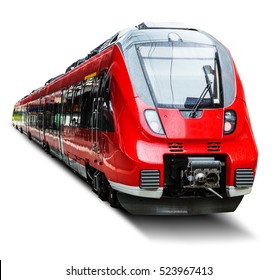 Kreatives abstraktes Konzept für Bahnreisen und Eisenbahntourismus: roter, moderner Hochgeschwindigkeitszug für Fahrgäste einzeln auf weißem Hintergrund