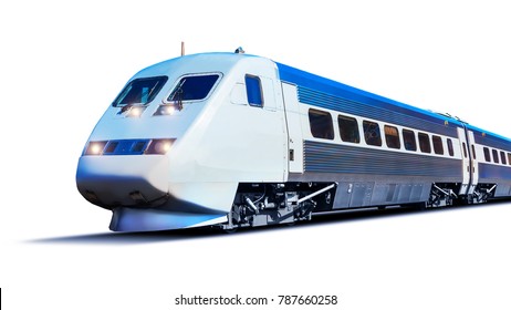 Creative Abstract Railroad Travel And Railway Tourism Transportation Industrial Concept: Modern High Speed Passenger Commuter Train Isolated On White Background