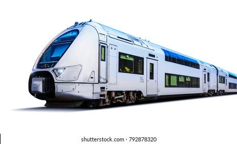 Creative Abstract Railroad Travel And Railway Tourism Transportation Industrial Concept: Modern High Speed Passenger Commuter Train Isolated On White Background