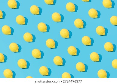 Creative abstract summer lemon pattern flat lay on pastel blue background minimalism