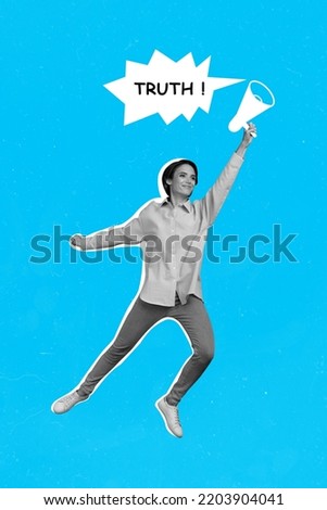 Creative abstract template collage of active energetic young attractive woman journalist reporter hold loudspeaker tell reveal truth