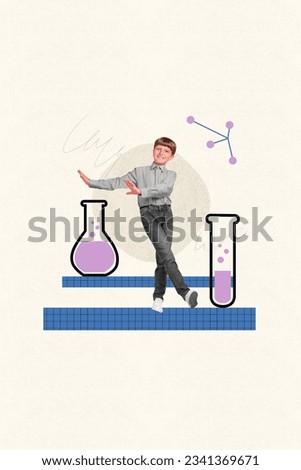 Creative abstract template collage of dancing energetic funny little boy schoolkid pupil chemistry flask test tubes subject study learn
