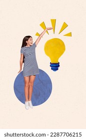 Creative abstract template collage of excited funny funky little girl raise hand measure height electric bulb electricity brilliant idea - Shutterstock ID 2287706215