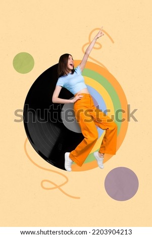 Creative abstract template collage of excited woman dancing have fun vinyl recorder tiptoes energetic event party disco painting background